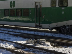 A GO train passes a railroad switch at Galloway Rd., south of Kingston Rd. in Toronto, Ont. on Friday February 1, 2019.