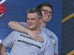 Maple Leafs GM Kyle Dubas (back) and former Marlies head coach Sheldon Keefe were all smiles during the Calder Cup championship celebrations in 2018.  Veronica Henri/Toronto Sun