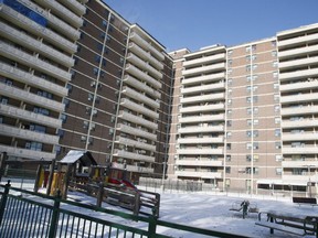 A TCHC apartment building on Lawrence Ave. E. in Toronto where a child was killed when an air conditioner plummeted eight storeys Nov. 11, 2019. (Veronica Henri/Toronto Sun)