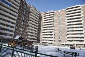 An apartment on Lawrence Ave. E. in Toronto where a child was killed when an air conditioner plummeted eight storeys.