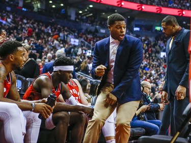 Toronto Raptors Kyle Lowry talking with player during a break in action during the 1st half against Philadelphia 76ers at the Scotiabank Arena in Toronto, Ont. on Monday November 25, 2019. Ernest Doroszuk/Toronto Sun/Postmedia