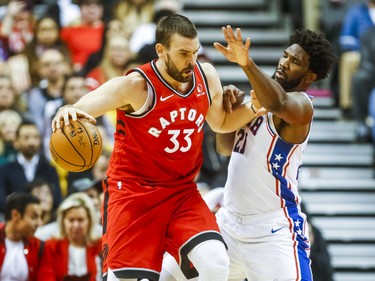 Toronto Raptors Marc Gasol during 1st half action against Philadelphia 76ers Joel Emblid at the Scotiabank Arena in Toronto, Ont. on Monday November 25, 2019. Ernest Doroszuk/Toronto Sun/Postmedia