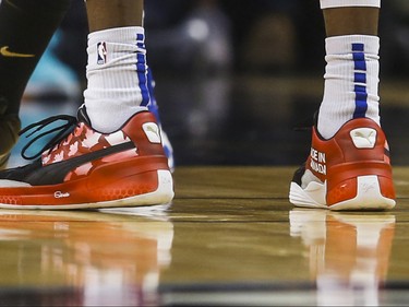 The shoes of New York Knicks RJ Barrett during 1st half action against the Toronto Raptors at the Scotiabank Arena in Toronto, Ont. on Wednesday November 27, 2019. Ernest Doroszuk/Toronto Sun/Postmedia