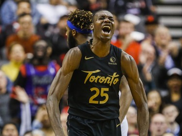 Toronto Raptors Chris Boucher celebrates during 2nd half action against New York Knicks at the Scotiabank Arena in Toronto, Ont. on Wednesday November 27, 2019. Ernest Doroszuk/Toronto Sun/Postmedia