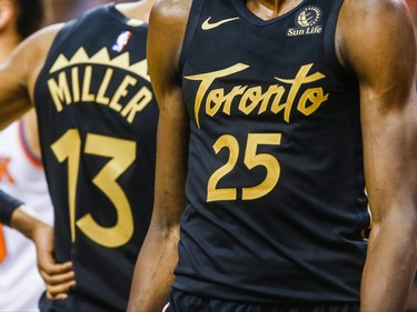 Up close image of the new Toronto Raptors jersey during 2nd half action against New York Knicks at the Scotiabank Arena in Toronto, Ont. on Wednesday November 27, 2019. Ernest Doroszuk/Toronto Sun/Postmedia
