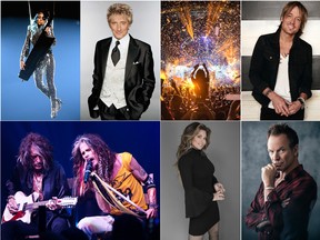 (Clockwise from top left) Lady Gaga's Enigma show; Rod Stewart; Life Is Beautiful; Keith Urban; Sting; Shania Twain; and Aerosmith performing their Deuces Are Wild show at Park MGM.
