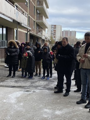 A vigil was held at 3847 Lawrence Ave. E. on Saturday, Nov. 16, 2019, for Crystal Mirogho, a two-year-old girl who was killed when an air conditioner fell from an eighth-floor apartment window at her TCHC highrise in Scarborough on Remembrance Day. (Sue-Ann Levy/Toronto Sun/Postmedia Network)
