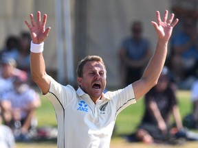 New Zealand's Neil Wagner celebrates taking the wicket of England's Stuart Broad in a Test cricket match at Bay Oval, Mount Maunganui, New Zealand, on Nov. 25, 2019  (ROSS SETFORD/Reuters)