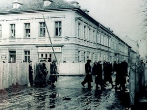 A photo of Terezin  taken illegally by a photographer credited as "Vasicek." The Nazis forbade photographs of the place where they imprisoned Czech Jews before sending them to Auschwitz or other death camps.