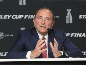 Commissioner Gary Bettman of the National Hockey League speaks with the media prior to Game One of the 2019 NHL Stanley Cup Final at TD Garden on May 27, 2019 in Boston, Massachusetts.
