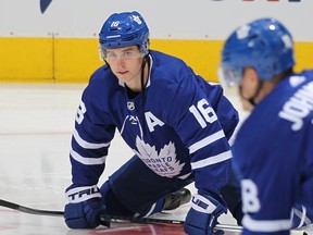 Mitchell Marner #16 of the Toronto Maple Leafs warms up prior to action against the Vegas Golden Knights in an NHL game at Scotiabank Arena on November 7, 2019 in Toronto (Photo by Claus Andersen/Getty Images)