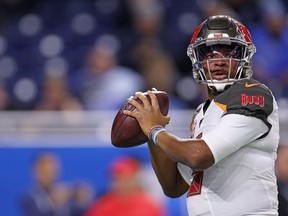 Jameis Winston of the Tampa Bay Buccaneers drops back to pass during the first quarter of the game against the Detroit Lions at Ford Field on Dec. 15, 2019, in Detroit, Michigan.