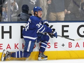 Auston Matthews of the Toronto Maple Leafs celebrates his second goal of the game against the Buffalo Sabres during an NHL game at Scotiabank Arena on December 17, 2019 in Toronto, Ontario, Canada.