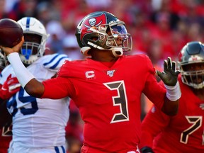 Buccaneers’ Jameis Winston suffered a hairline fracture in his right thumb last week, 
but reportedly will play on Sunday against the Lions.  Julio Aguilar/Getty Images