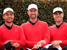 Xander Schauffele, Webb Simpson and Justin Thomas of the United States team during their team photo ahead of the 2019 Presidents Cup at Royal Melbourne Golf Course on December 11, 2019 in Melbourne, Australia.