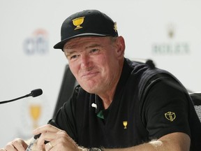 Ernie Els speaks to the media during day one of the 2019 Presidents Cup at Royal Melbourne Golf Course on December 12, 2019 in Melbourne, Australia.