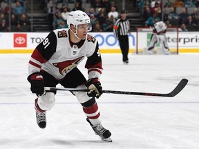 Taylor Hall skates in his first game for the Arizona Coyotes against the San Jose Sharks during the third period of an NHL Hockey game at SAP Center on December 17, 2019 in San Jose, California.