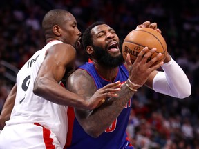 Pistons’ Andre Drummond (right) tries to drive to the basket past Raptors centre Serge Ibaka. Ibaka will be relied on heavily over the coming weeks with starting centre Marc Gasol out because of injury.  Gregory Shamus/Getty Images
