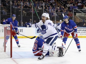 William Nylander of the Toronto Maple Leafs celebrates his first of two goals on Alexandar Georgiev of the New York Rangers at Madison Square Garden on December 20, 2019 in New York City. (Photo by Bruce Bennett/Getty Images)