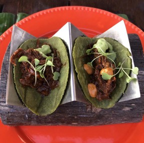 (Barbeque short rib tacos with a scent Leaf tortilla)