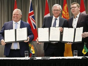 Ontario Premier Doug Ford (L), Premier Blaine Higgs, of New Brunswick and Saskatchewan Premier Scott Moe announce a collaboration between the provinces on small, modular nuclear reactors on Sunday Dec. 1, 2019. (Veronica Henri, Toronto Sun)