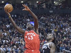 Raptors forward Pascal Siakam drives to the basket past Brooklyn Nets forward Taurean Prince during Saturday's game. (USA TODAY SPORTS)