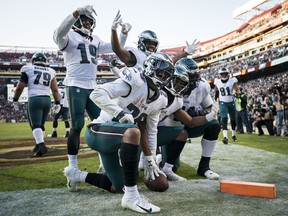 The Philadelphia Eagles celebrate a touchdown against Washington on Sunday. (GETTY IMAGES)