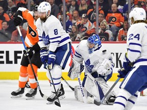 Toronto Maple Leafs goaltender Frederik Andersen makes a save against the Philadelphia Flyers during the second period at Wells Fargo Center, Dec. 3, 2019. (Eric Hartline-USA TODAY Sports)