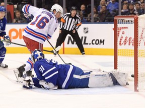 New York Rangers forward Ryan Strome, left, scores past Toronto Maple Leafs goalie Frederik Andersen in the first period at Scotiabank Arena int Toronto, Dec. 28, 2019. (Dan Hamilton-USA TODAY Sports)