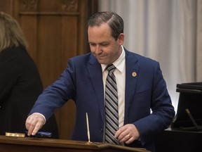 Doug Downey is sworn into his new role as Ontario Attorney General at Queen's Park in Toronto on June 20, 2019. THE CANADIAN PRESS/ Tijana Martin