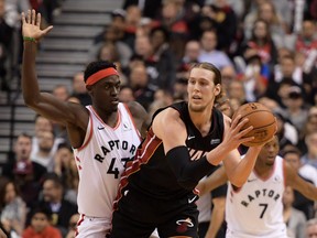 Miami Heat forward Kelly Olynyk (9) controls the ball as Toronto Raptors forward Pascal Siakam (43) defends in the second half at Scotiabank Arena. Dan Hamilton-USA TODAY