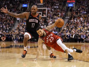 Raptors guard Fred VanVleet (23) tries to get around Houston Rockets forward PJ Tucker on Thursday. THe Raptors take onthe 76ers on Sunday night. John E. Sokolowski-USA TODAY Sports