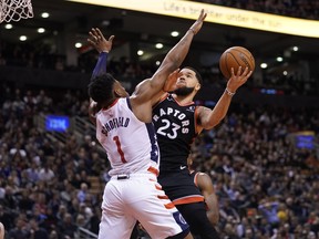 Toronto Raptors guard Fred VanVleet (23) shoots the ball as Washington Wizards guard Admiral Schofield (1) defends at Scotiabank Arena. John E. Sokolowski-USA TODAY Sports