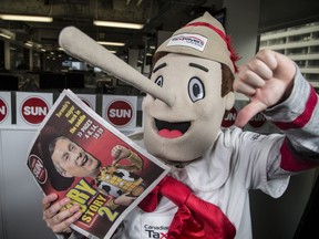 "Fibber," the Canadian Taxpayers Federation's 'honesty in politics' mascot paid a visit to the Toronto Sun newsroom Wednesday as part of the CTF's protest against Toronto Mayor John Tory's plan to break his tax increase election promise and hike the City Building Levy.