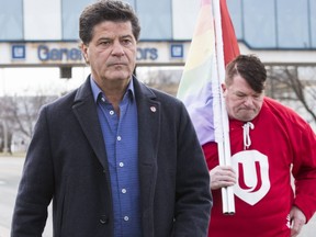 Jerry Dias, National President of Unifor, holds a press conference outside the Oshawa GM plant on Monday