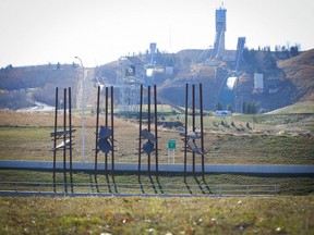 The Bowfort Towers art installation along the Trans Canada Highway in Calgary, Alta. on Friday, October 19, 2018.