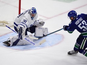Frederik Andersen stops Vancouver Canucks forward Bo Horvat during the third period at Rogers Arena on Tuesday night. Andersen had to bail the Maple Leafs out a little too often during their 4-1 win. (Anne-Marie Sorvin/USA TODAY Sports)