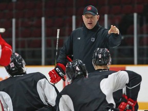 Team Canada Assistant Coach Andre Tourigny is seen here giving instructions to the Ottawa 67s, at TD Place in Ottawa, March 20, 2019.