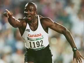 Donovan Bailey celebrates his gold-medal win in the 100 metres at the Summer Olympics in Atlanta in 1996. GETTY