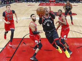 Toronto Raptors forward Rondae Hollis-Jefferson goes to the basket against the Chicago Bulls during the first half at United Center. Mandatory Credit: Kamil Krzaczynski-USA TODAY Sports ORG XMIT: USATSI-407062