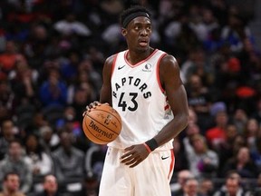 Toronto Raptors forward Pascal Siakam controls the ball against the Detroit Pistons during a game at Little Caesars Arena.