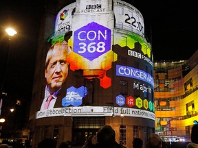 On the outside of the BBC building in London, the broadcaster’s exit poll results shows Britain’s Prime Minister Boris Johnson’s Conservative Party winning the election with 368 seats, as the ballots begin to be counted in the general election on December 12, 2019. (Photo by Tolga AKMEN / AFP) (Photo by TOLGA AKMEN/AFP via Getty Images)