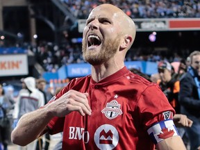 In this Oct. 23, 2019, file photo, Toronto FC midfielder Michael Bradley celebrates after defeating New York City FC at CitiField in New York City.