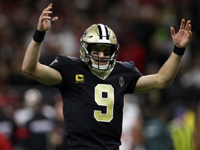 Drew Brees of the New Orleans Saints reacts after a touchdown against the San Francisco 49ers at Mercedes Benz Superdome on Dec. 8, 2019 in New Orleans, La.