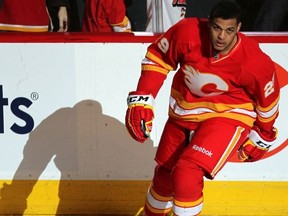 Akim Aliu, after the Calgary Flames played host to the Anaheim Ducks in their final game of the year in an afternoon game at the Saddledome on April 7, 2012.