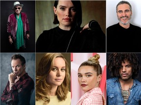 Clockwise from top left: Keith Richards, Daisy Ridley, Joaquin Phoenix, Lenny Kravitz, Florence Pugh, Brie Larson, and Sting.