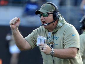 Head coach Doug Marrone of the Jacksonville Jaguars reacts to a touchdown against the Tampa Bay Buccaneers at TIAA Bank Field on December 1, 2019 in Jacksonville. (Sam Greenwood/Getty Images)