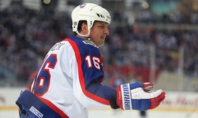 Winnipeg Jets forward Eddie Olczyk looks for a penalty call during the Heritage Classic alumni game against the Edmonton Oilers in Winnipeg on Sat., Oct. 22, 2016. (Kevin King/Winnipeg Sun/Postmedia Network)
