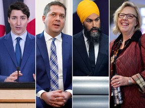 From left to right, Prime Minister Justin Trudeau, former Conservative Leader Andrew Scheer, NDP Leader Jagmeet Singh, and former Green Party Leader Elizabeth May.