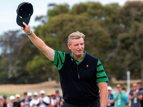 International Team captain Ernie Els of South Africa acknowledges the crowd after the International Team lost to the U.S. team on the final day of the Presidents Cup golf tournament in Melbourne on Dec. 15, 2019.